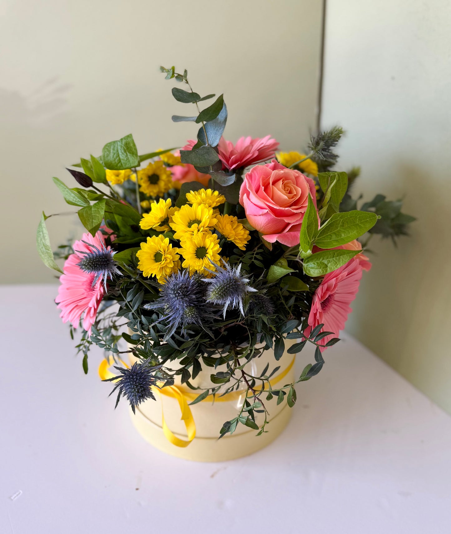 Bright Florists Choice Hat Box Arrangement