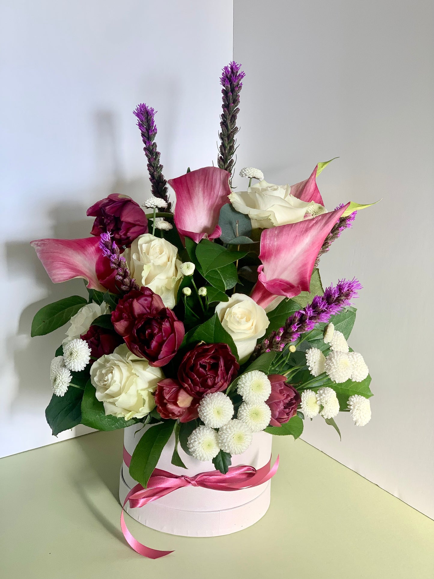 Bright Florists Choice Hat Box Arrangement