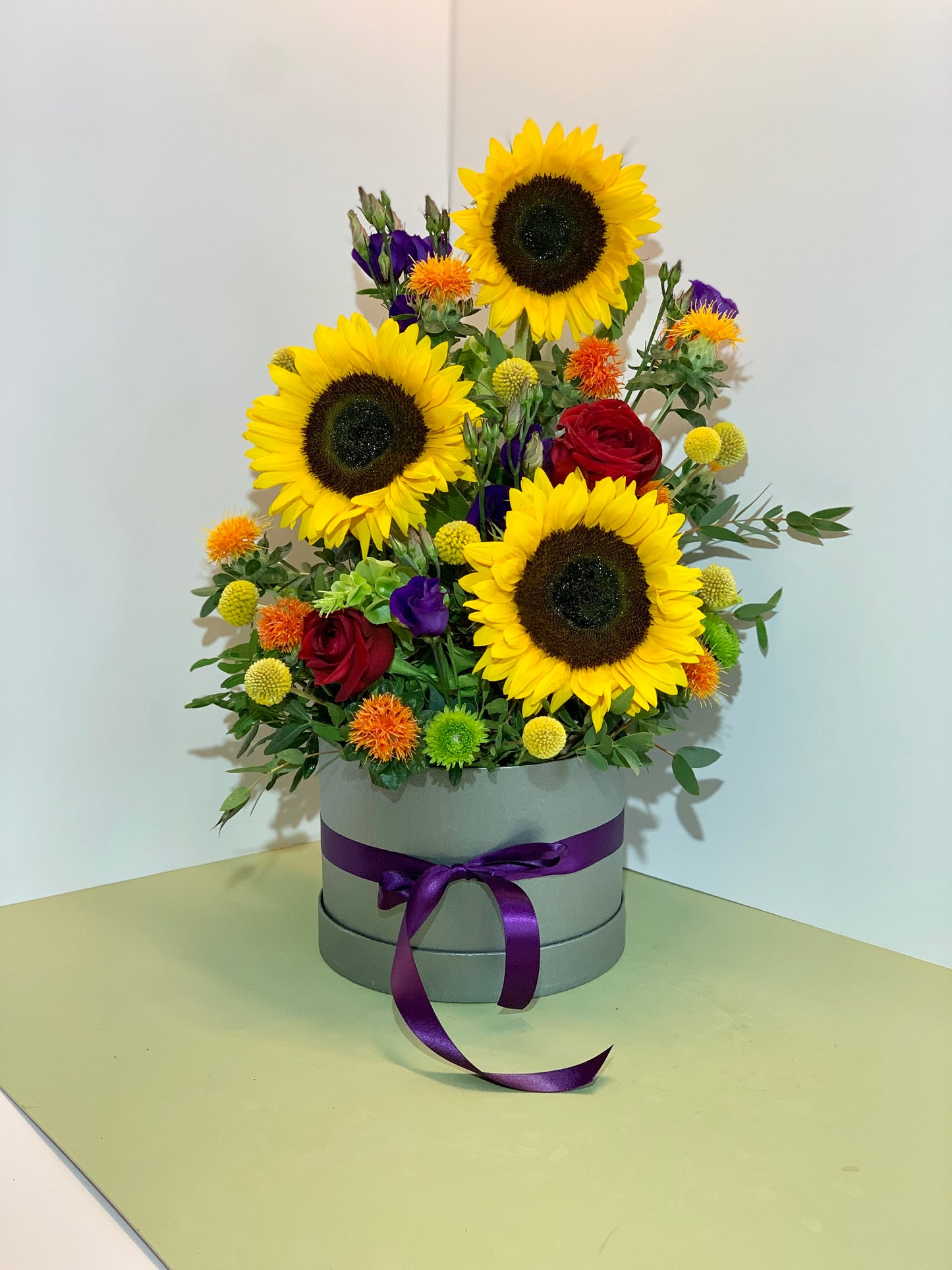 Bright Florists Choice Hat Box Arrangement