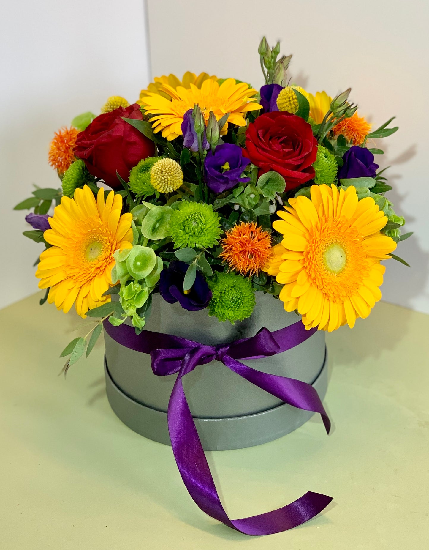 Bright Florists Choice Hat Box Arrangement